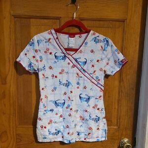 Dickies Red Trim Dog and Floral Scrub Top